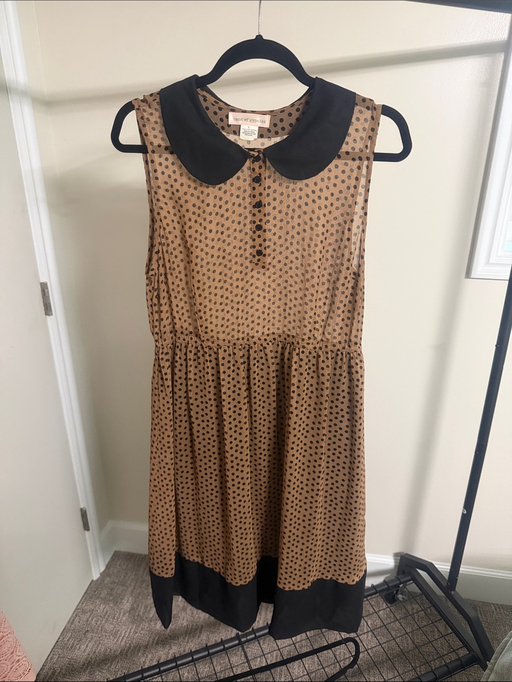 Band of Gypsies Tan Polka Dot Midi Dress with Black Collar